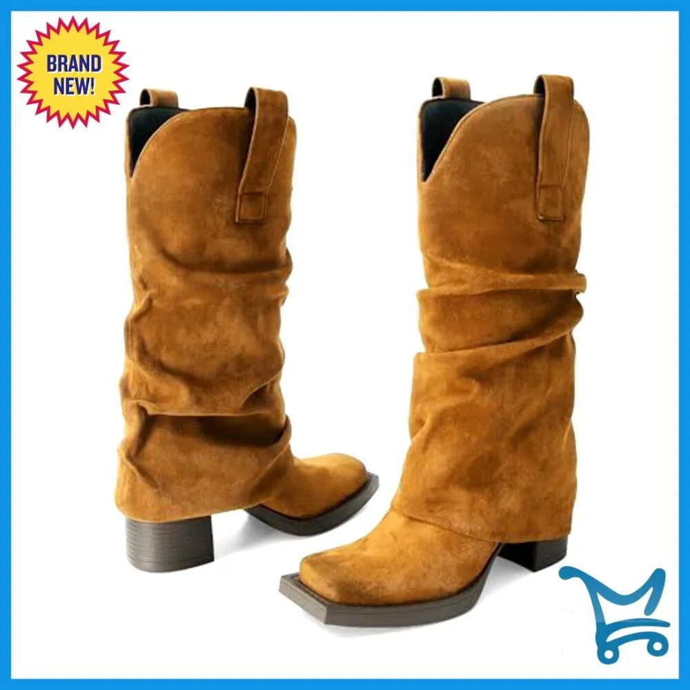 Faux Suede Fold Over Boots Square Toe Chunky Heel Mid Calf Western - Picture 4 of 7